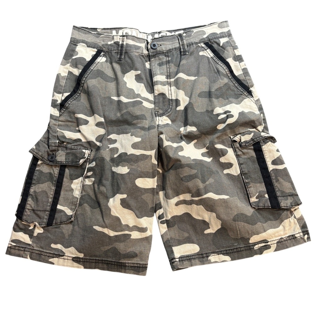 Monument Mens Camo Cargo Shorts Grey Olive Camouflage Size 30 Utility Y2K Summer